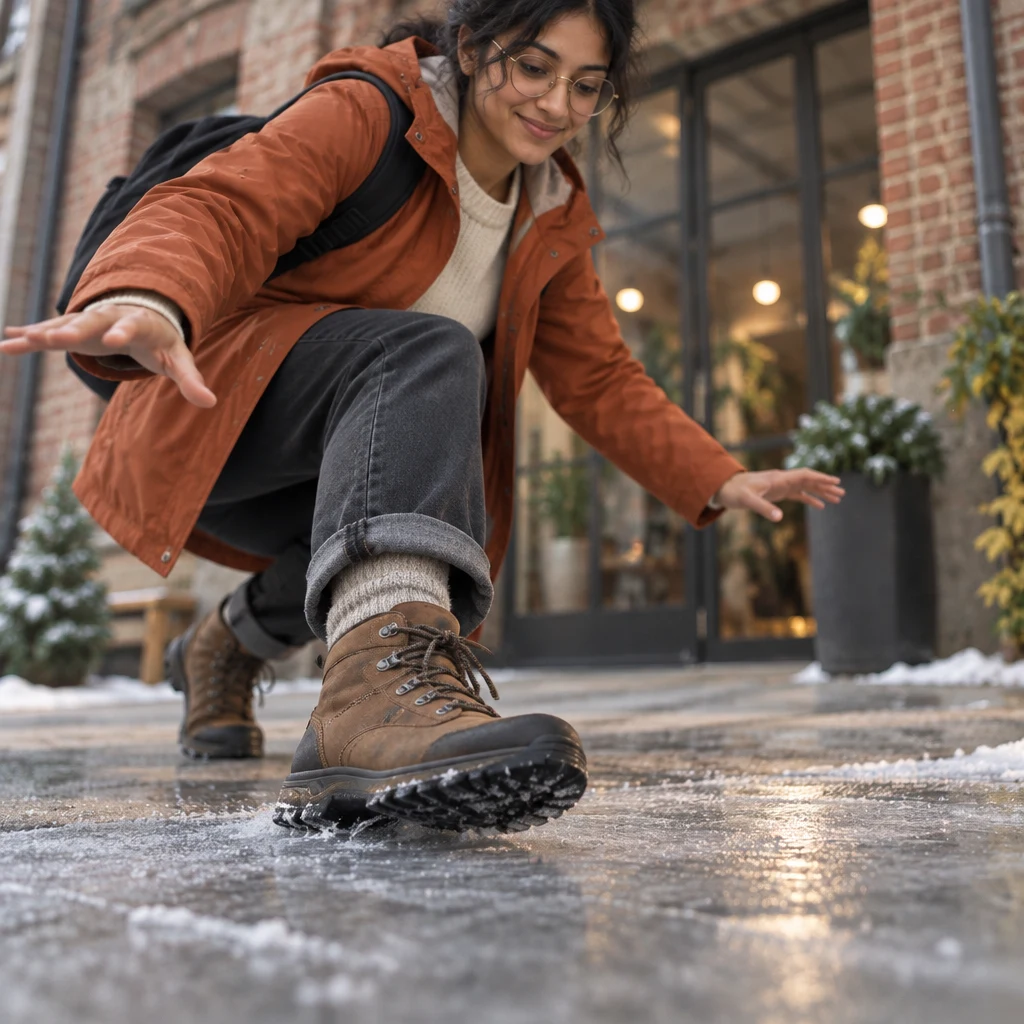 Priya’s boot skids slightly on the slick pavement as she steadies herself.