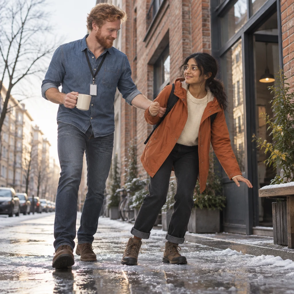 Jonas reaches out with his coffee in hand and steadies Priya as she steps on the ice.