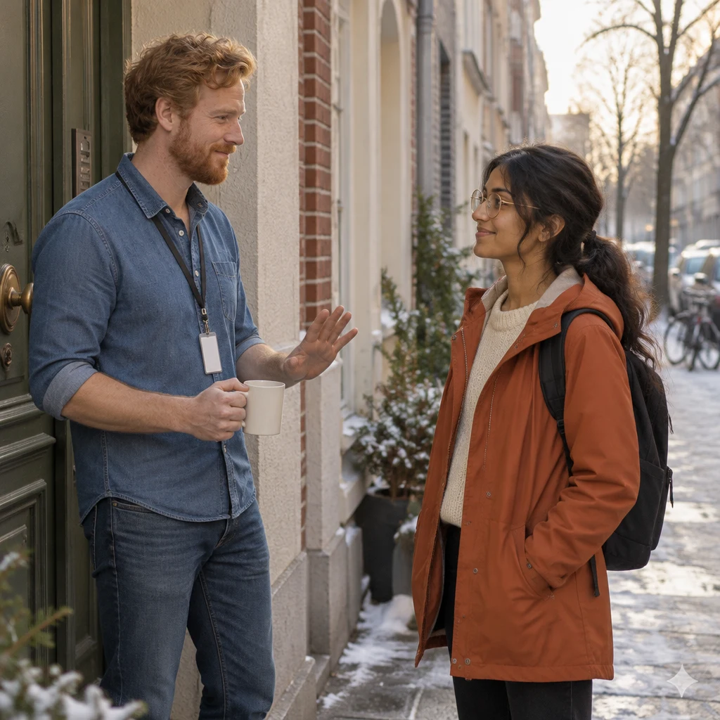 Jonas gestures toward the nearby doorway while Priya listens from the icy sidewalk.