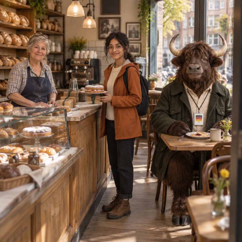 Renate is behind the counter as Priya arrives with a small box and cake, while Anton sits at the corner table with an unfinished Pfannkuchen.