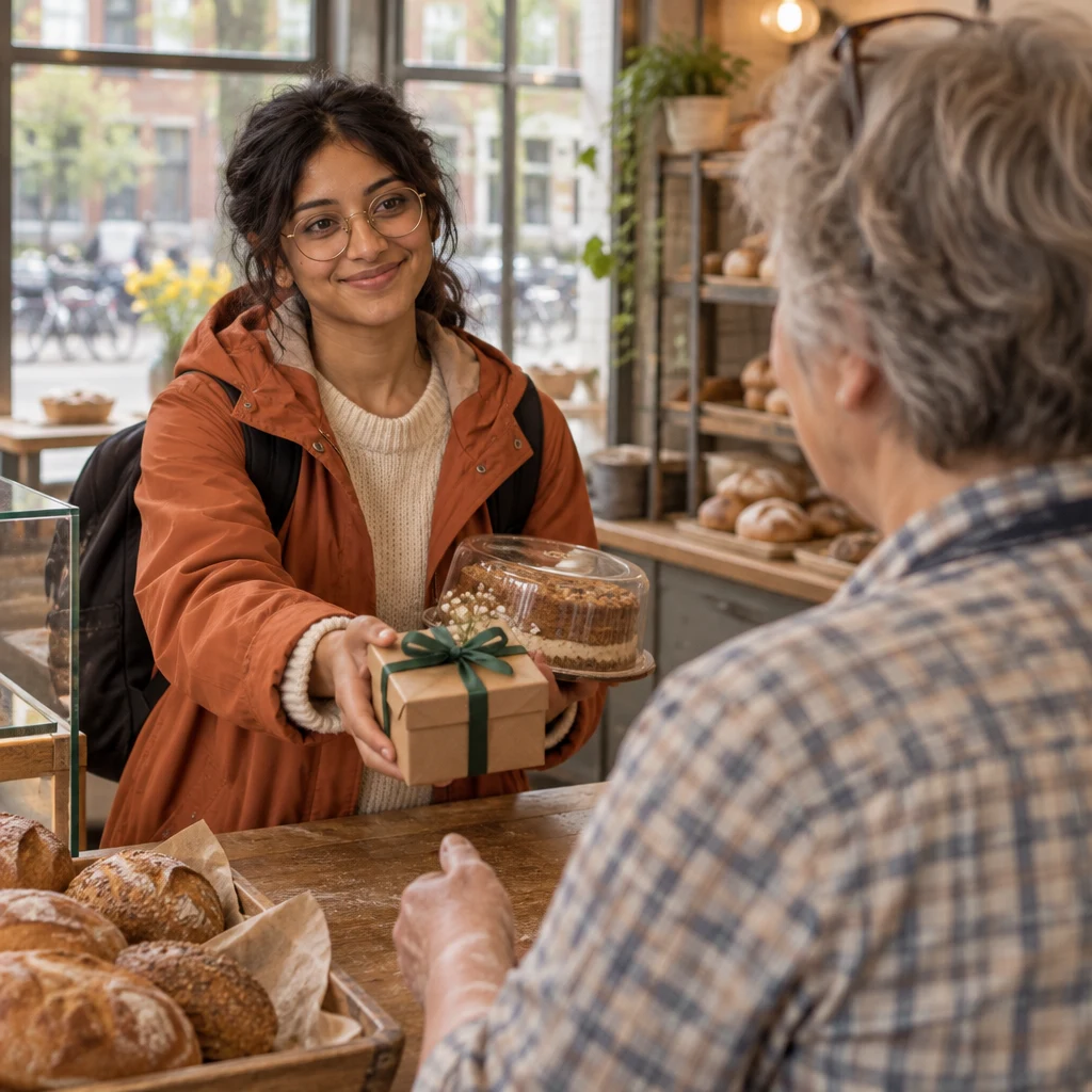 Priya reaches across the counter to offer Renate the small gift box.