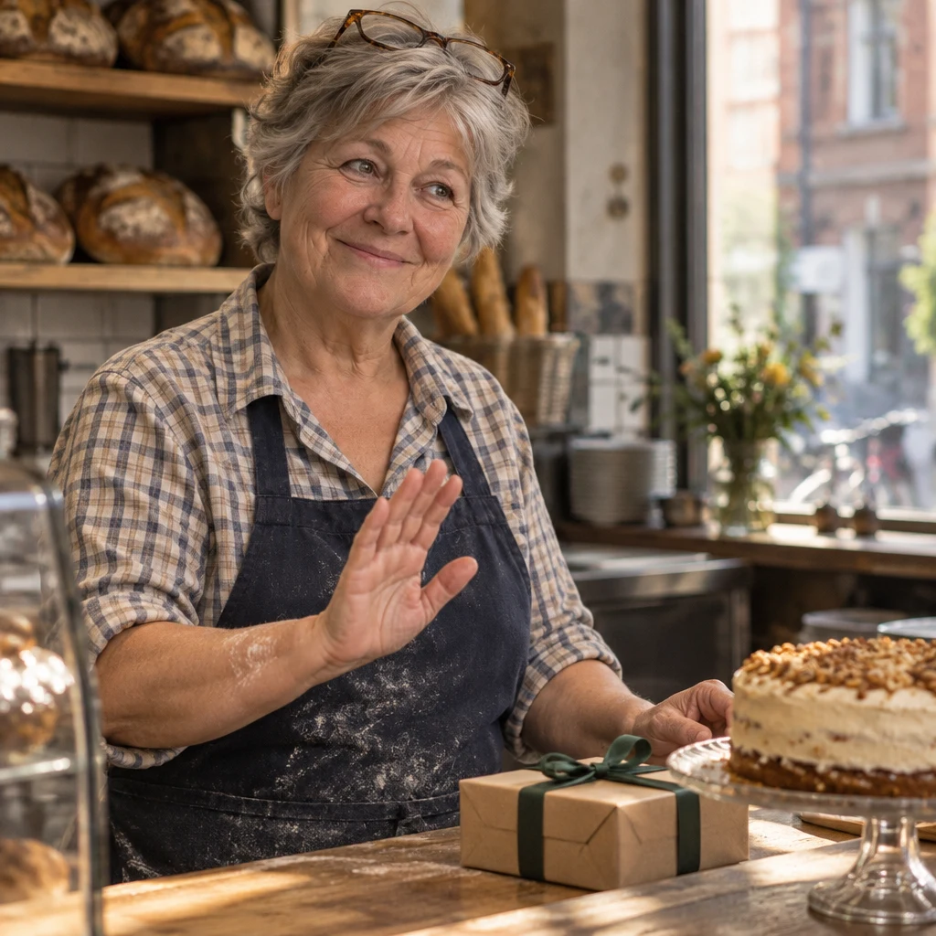 Renate gently raises a hand in refusal, with the gift and cake nearby.