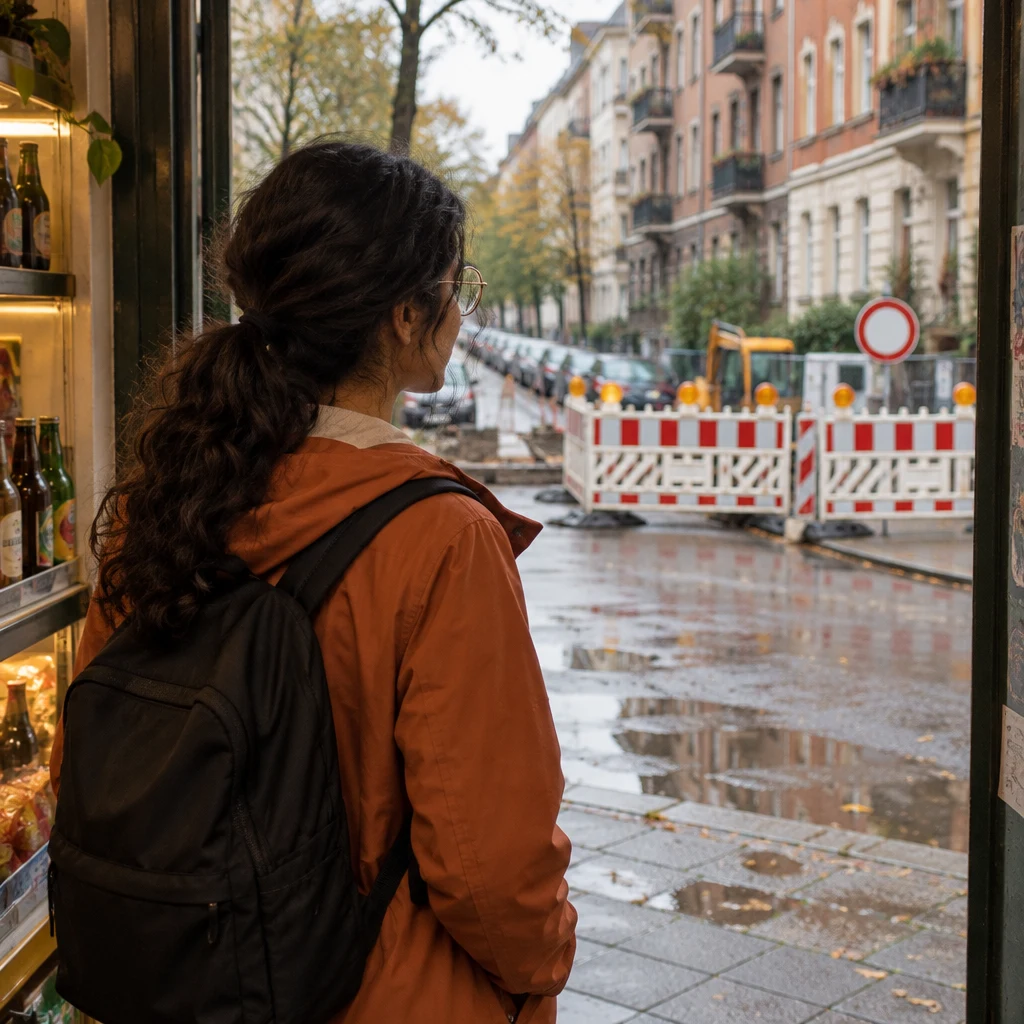 Priya looks out from the Späti doorway toward the street blocked by barriers.