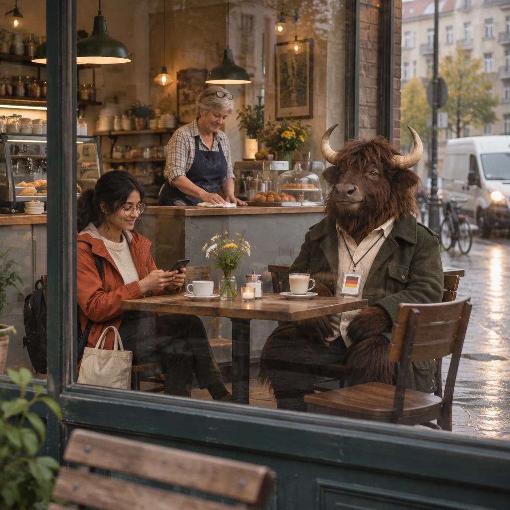 A wide grey-morning view of the café with Priya at the corner table, Renate wiping the counter, Anton seated beside his untouched coffee, and a delivery van outside.