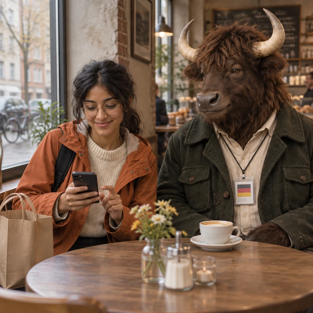 Priya unlocks her phone beside the shopping bag as Anton sits with her at the corner table.