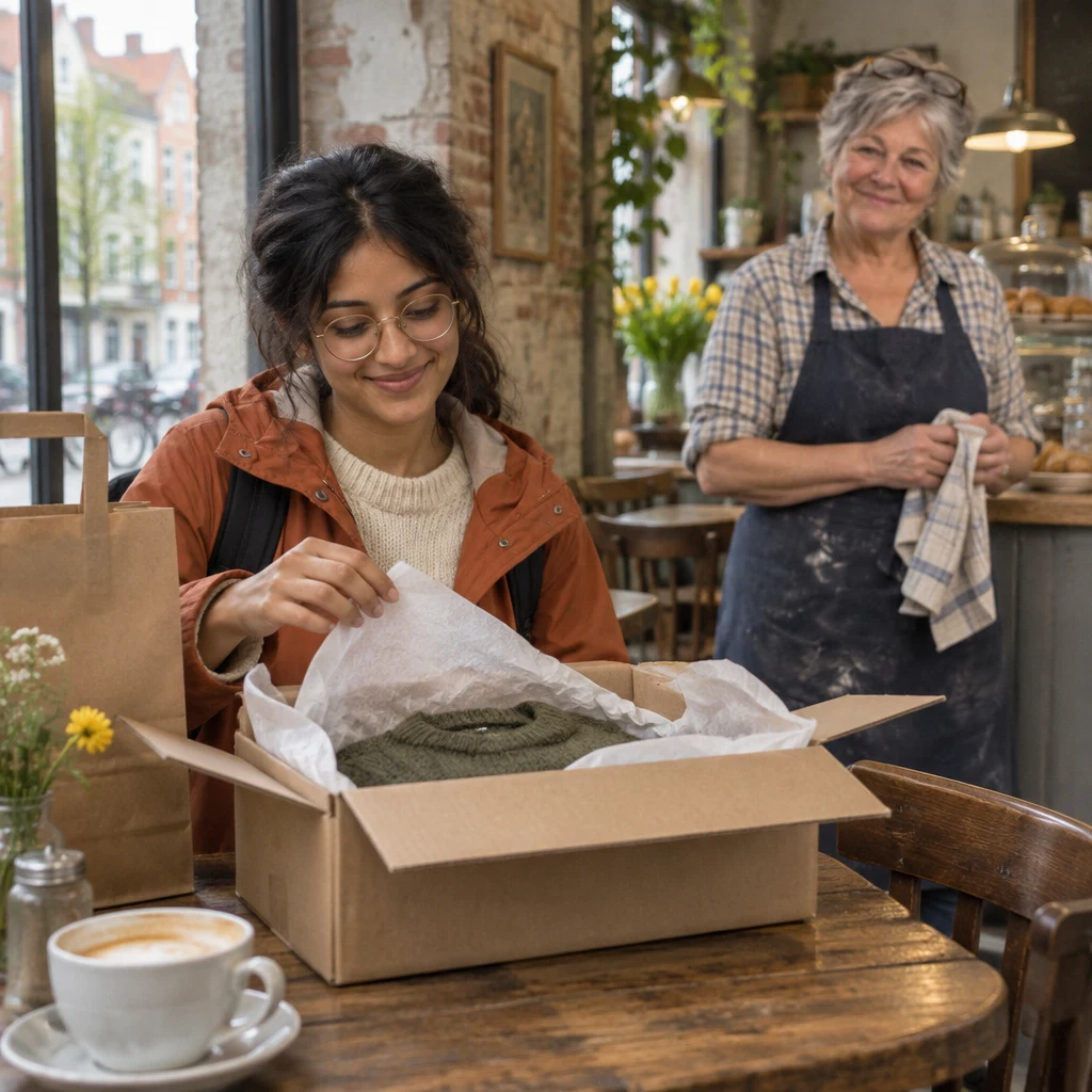 Priya examines the garment in an opened parcel at the table while Renate is nearby at the counter.