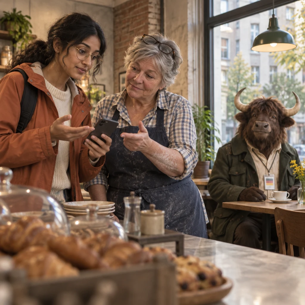 Priya gestures with her phone at the counter as Renate directs her to contact the shop and Anton observes.