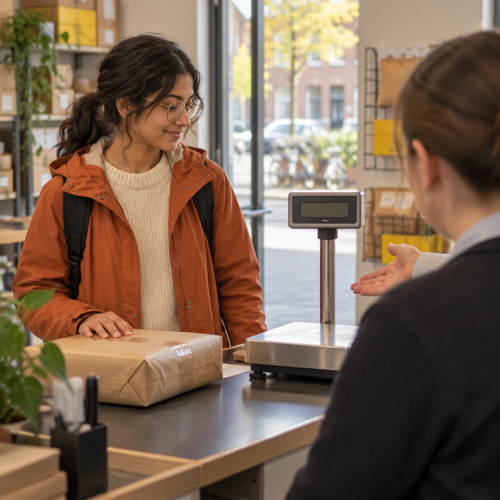 The clerk directs Priya toward the scale with her parcel.