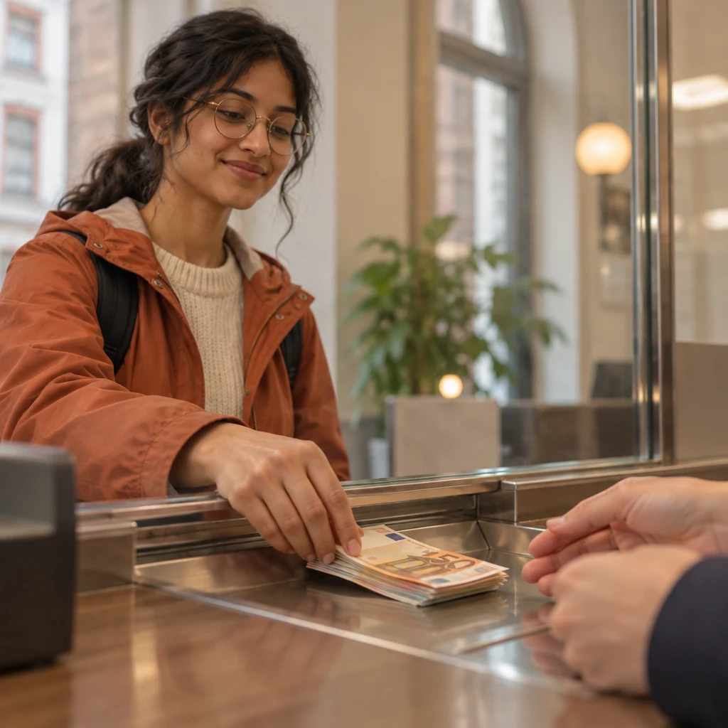 Priya passes money through the bank teller tray to exchange it.