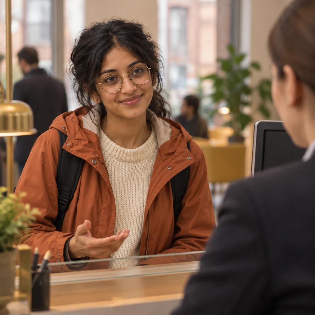 Priya leans toward the bank clerk to ask about her account.