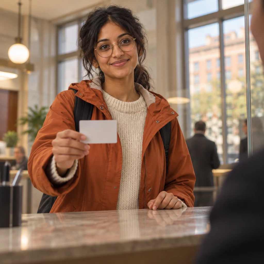 Priya holds up a blank identity card and checks whether she needs to show it.