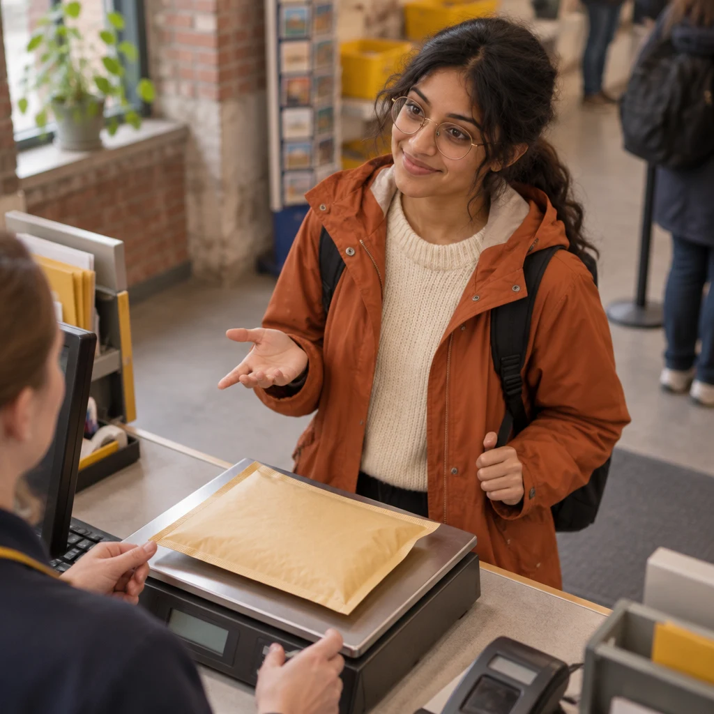 Priya watches her parcel on the scale while asking about the postage.