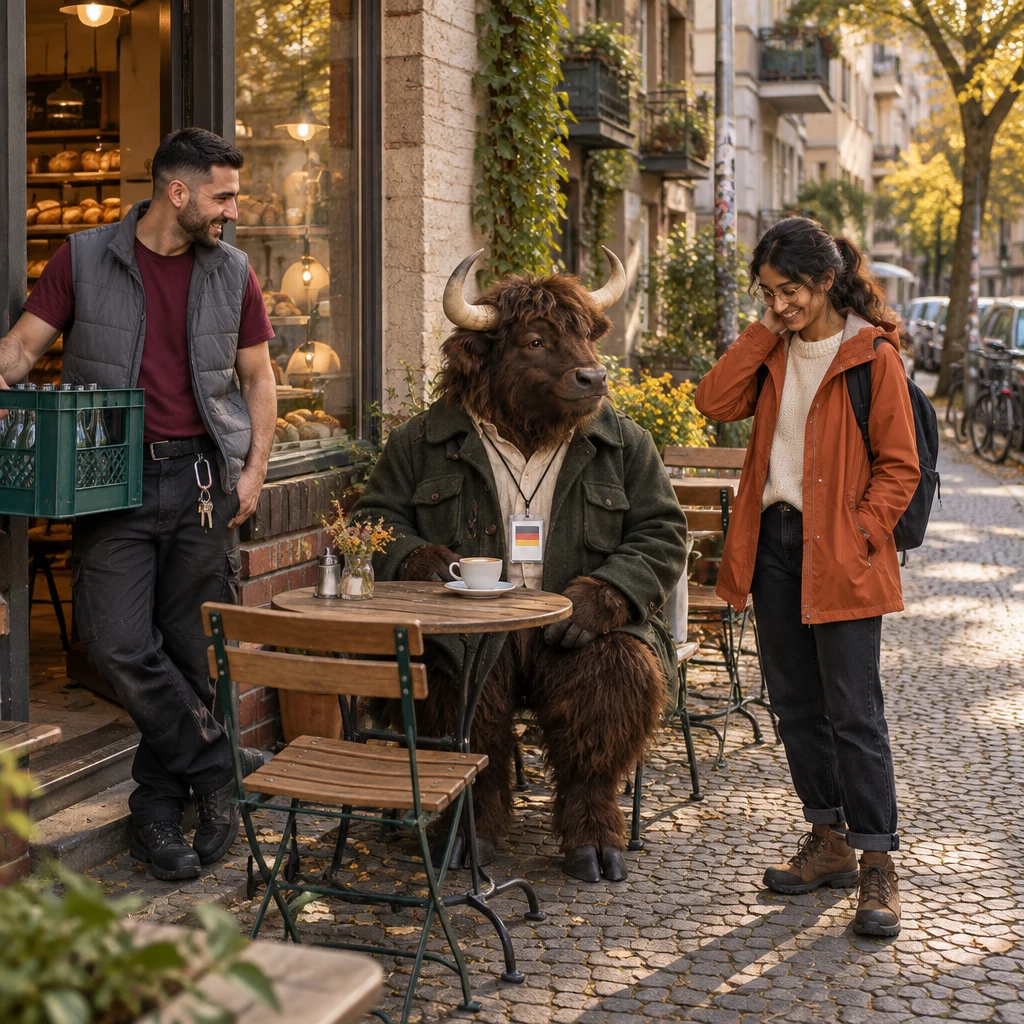 Deniz pauses with a crate of bottles by the bakery door while Anton sits at the corner table and Priya laughs at herself.