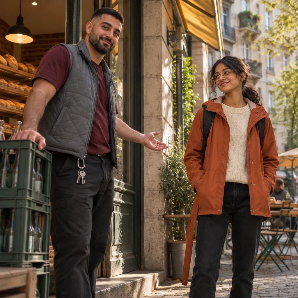 Deniz gestures openly beside the bottle crate, inviting Priya over to hear about the key.