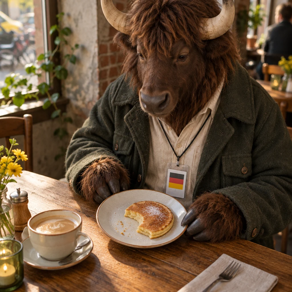 Anton turns his plate slightly, with a sugared Pfannkuchen still on it and his milky coffee untouched nearby.