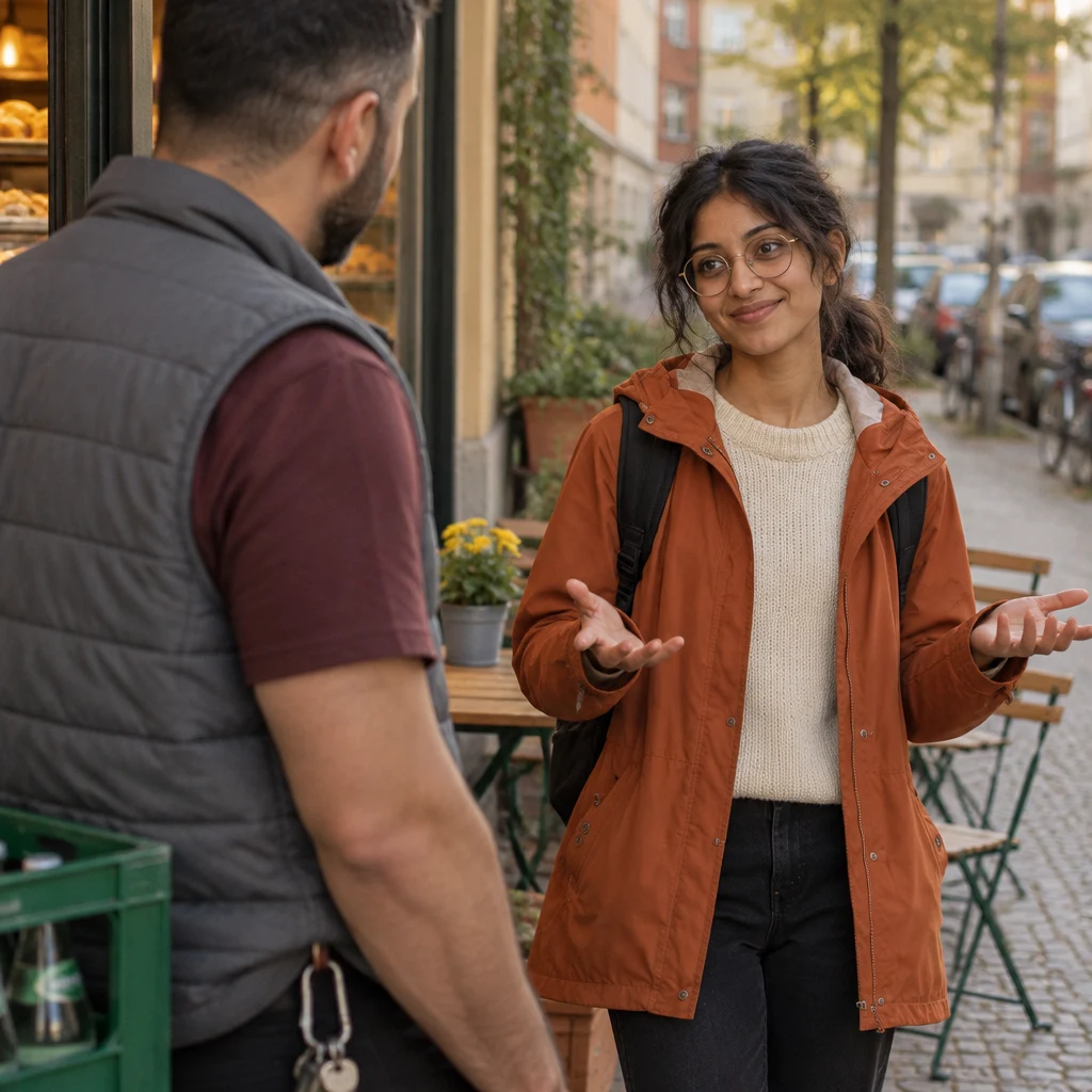 From behind Deniz, Priya opens both hands toward the street while explaining how the key story became harder to make sense of.
