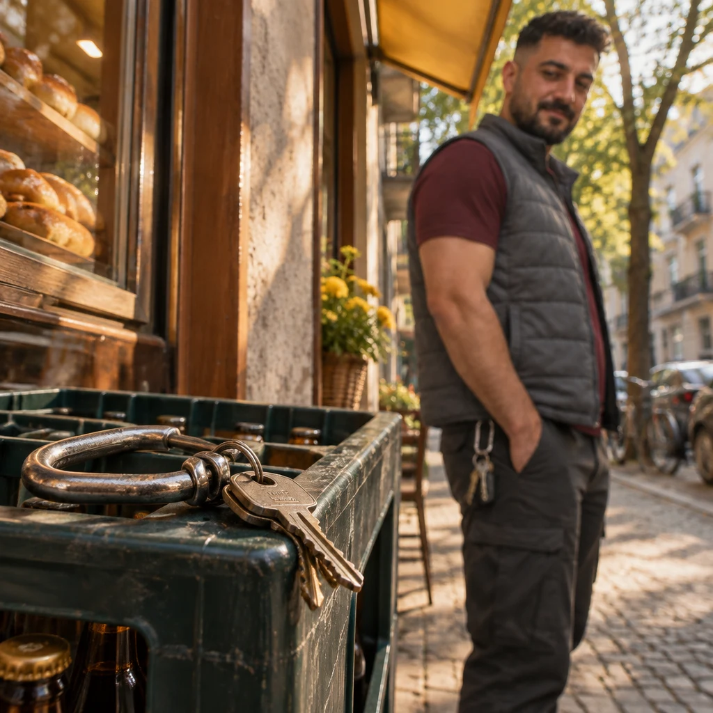 A key lies beside Deniz’s bottle crate as he pauses near the bakery door, reconsidering what it was meant to explain.