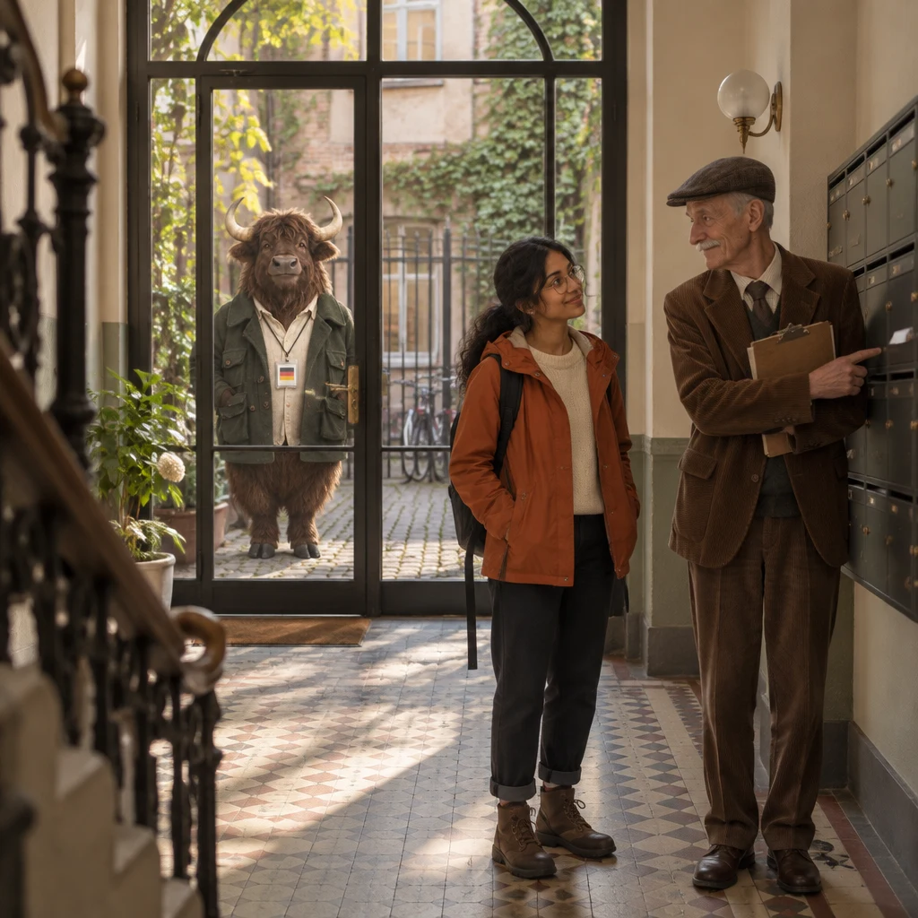 Priya and Herr Schulze stand by the mailboxes while Anton waits beyond the closed courtyard gate.