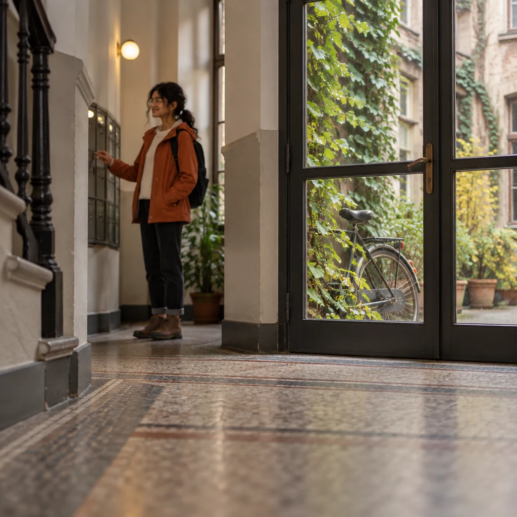The hallway is empty of bicycles while Priya looks toward the ivy-covered bicycle outside.