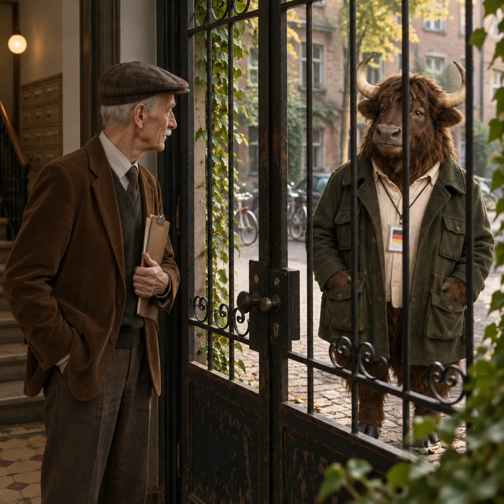 Herr Schulze looks through the glass at the shut gate while Anton waits outside.
