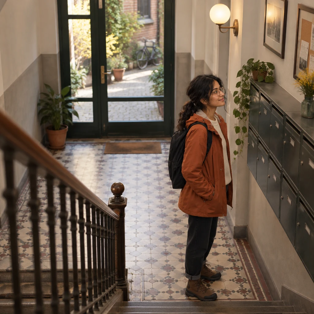 Priya stands beside the mailboxes and studies the wall from the stair landing.
