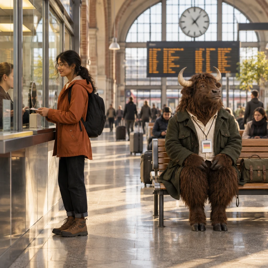 Priya approaches the ticket counter while Anton watches the departure board from a nearby bench.
