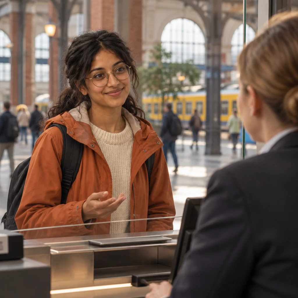 Priya asks the clerk for a ticket to Hamburg.