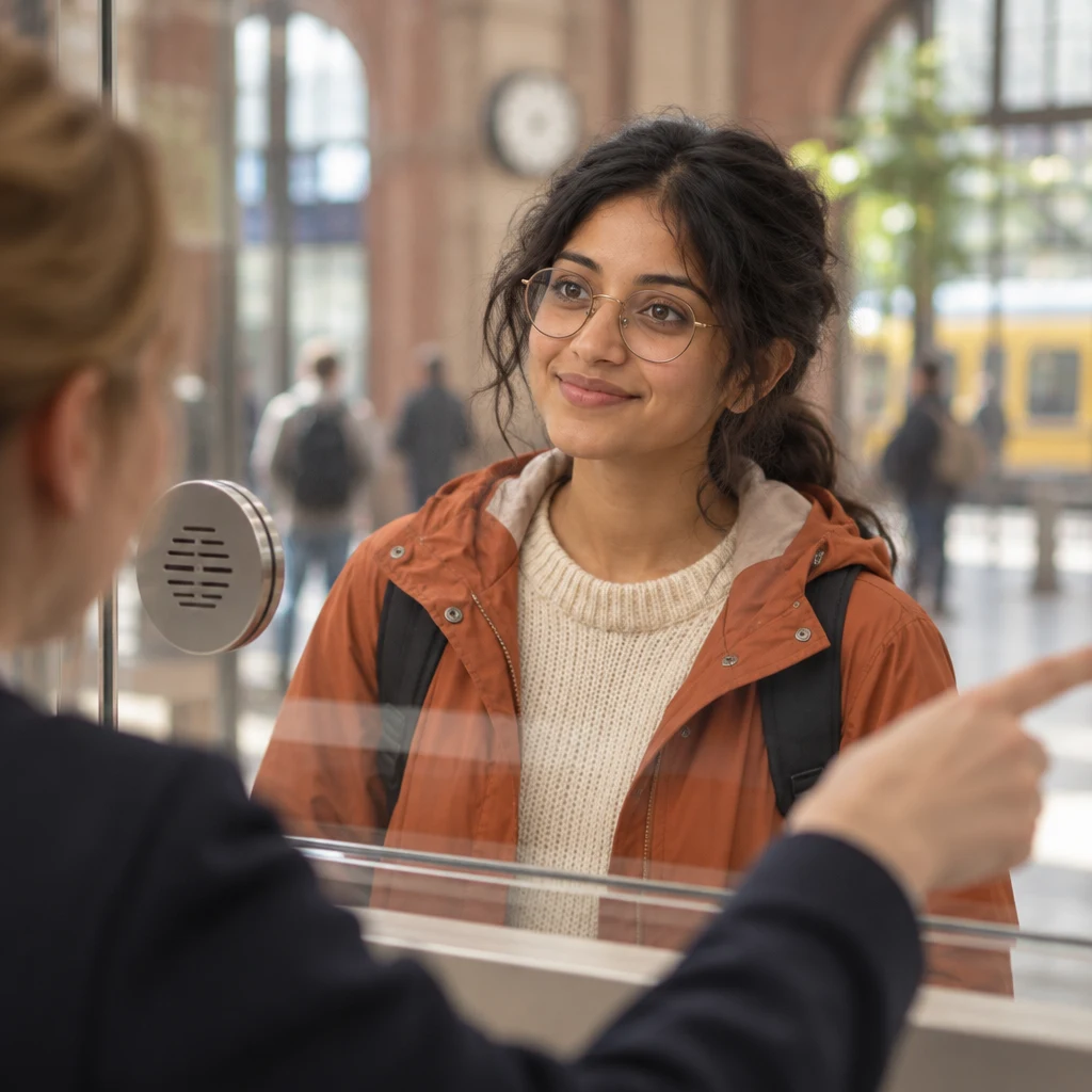 Priya listens as the clerk points toward the platforms.