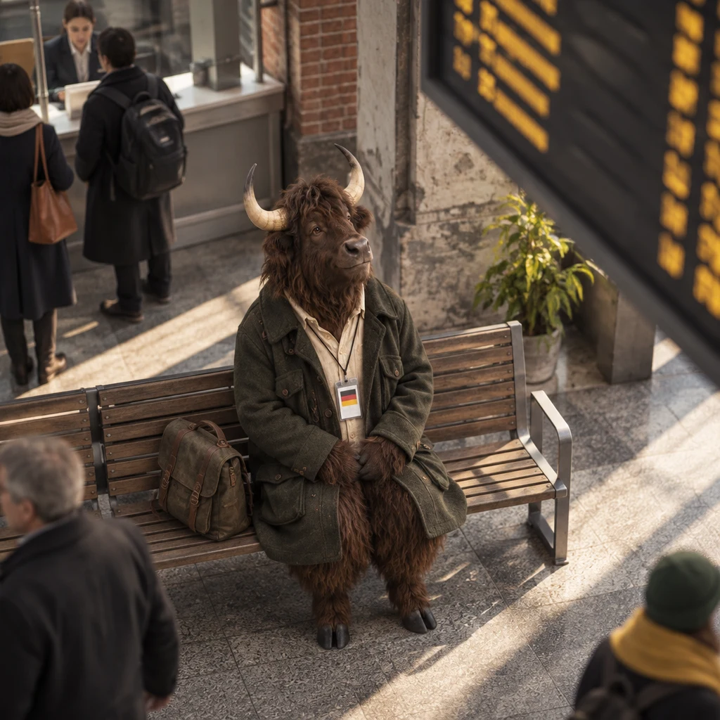 Anton sits beneath the departure board, looking up as he waits.