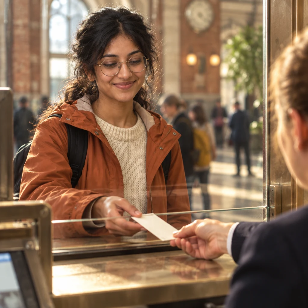 The clerk passes Priya her newly printed ticket.
