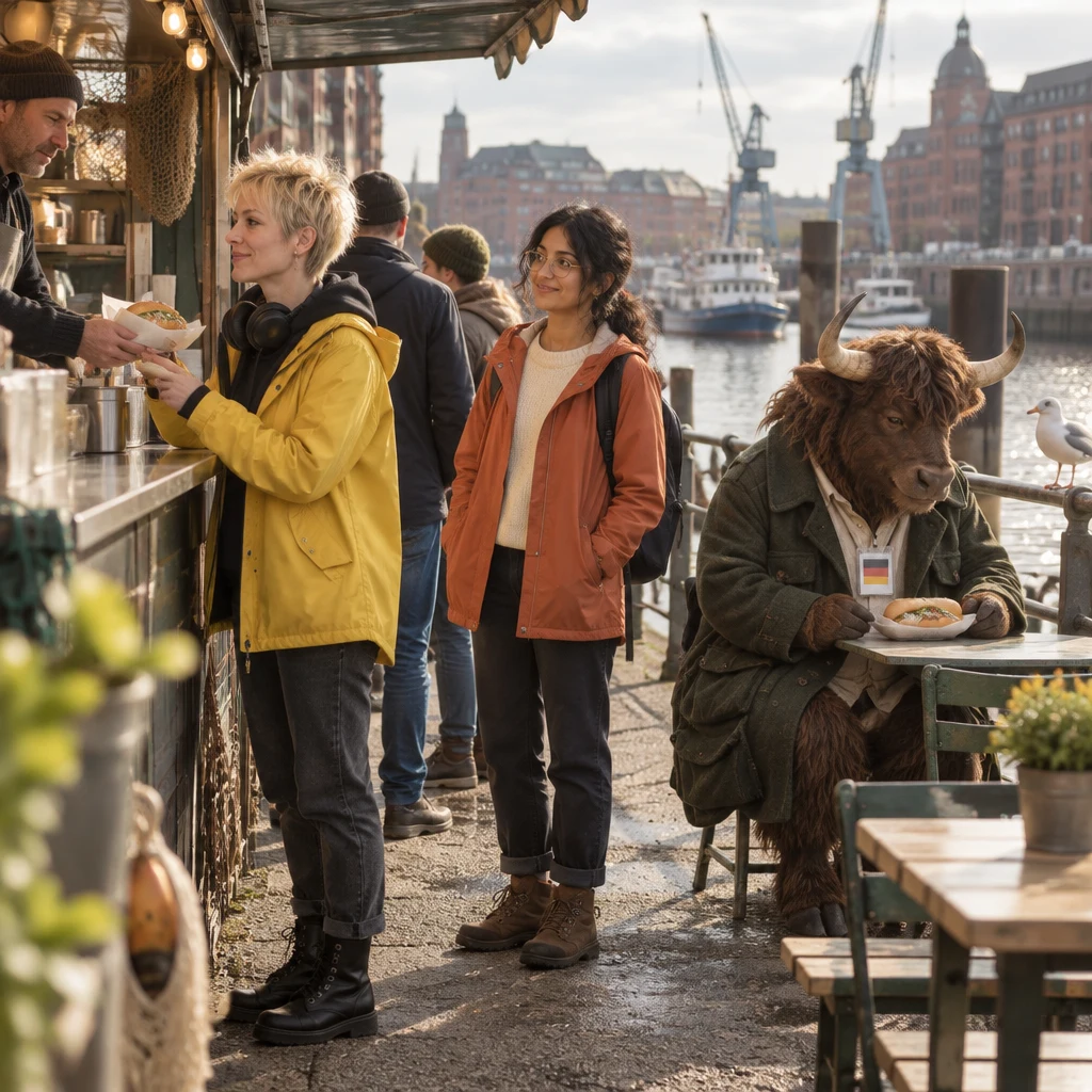Jule looks toward the harbour stall, Priya hangs back from the short queue, and Anton watches a fish roll by the railing.