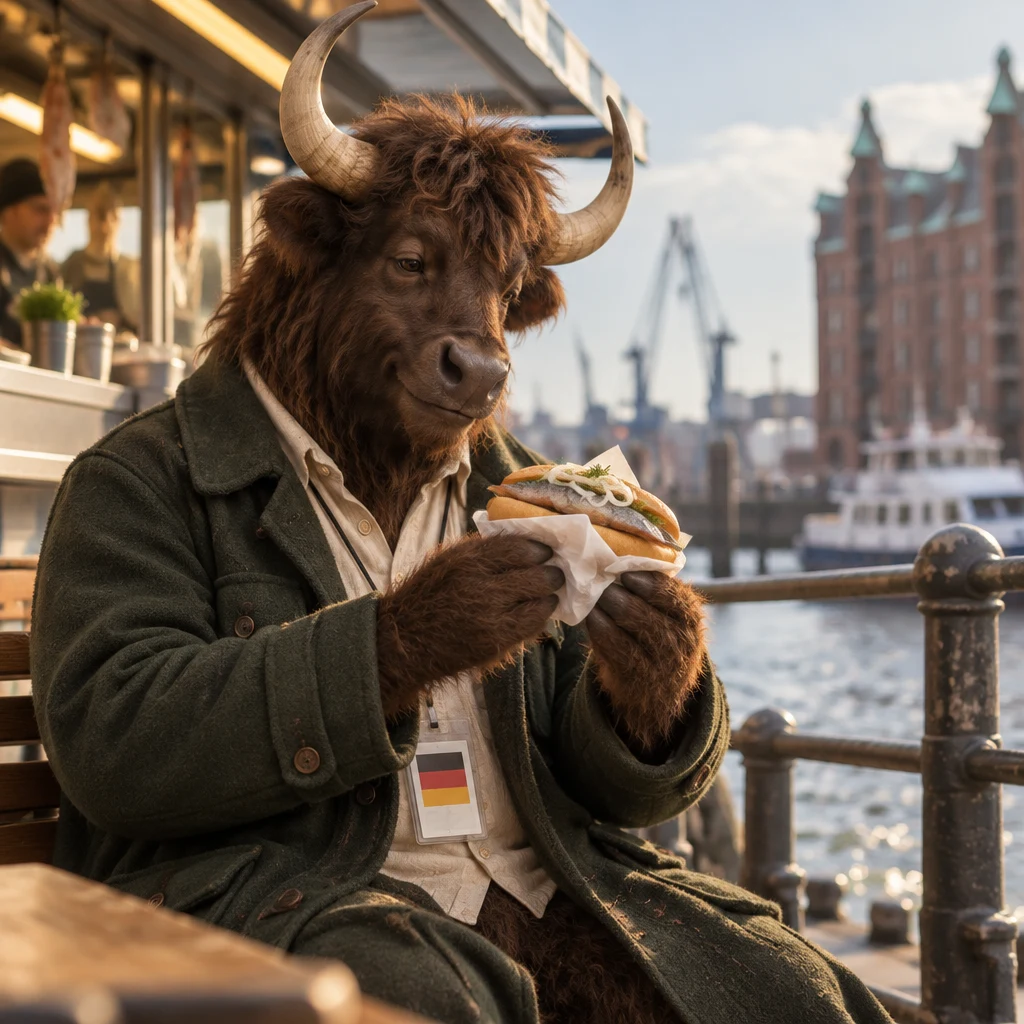 Anton holds an open fish roll by the railing and studies its smoked fish and onion filling.
