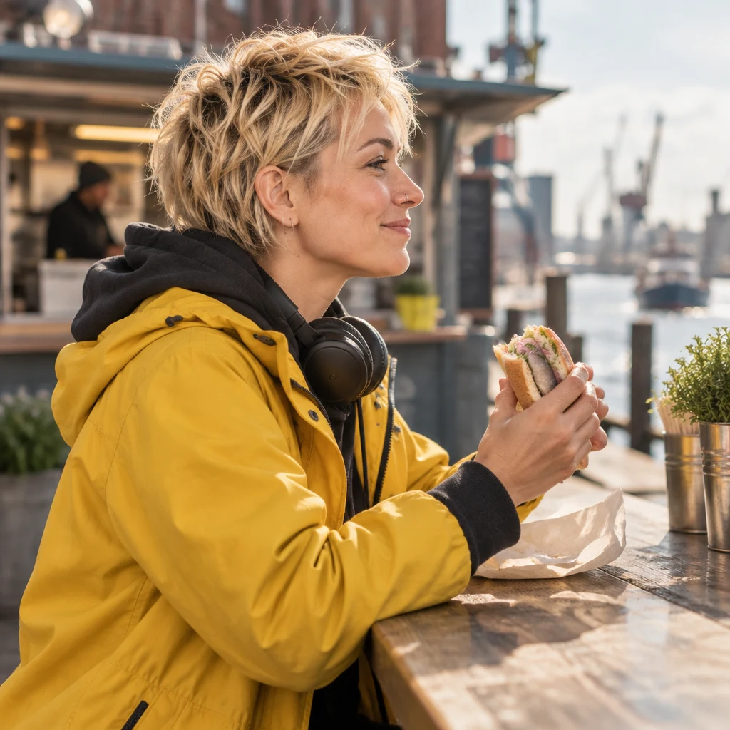 Jule pauses after a small bite of her fish roll at a high harbour table.