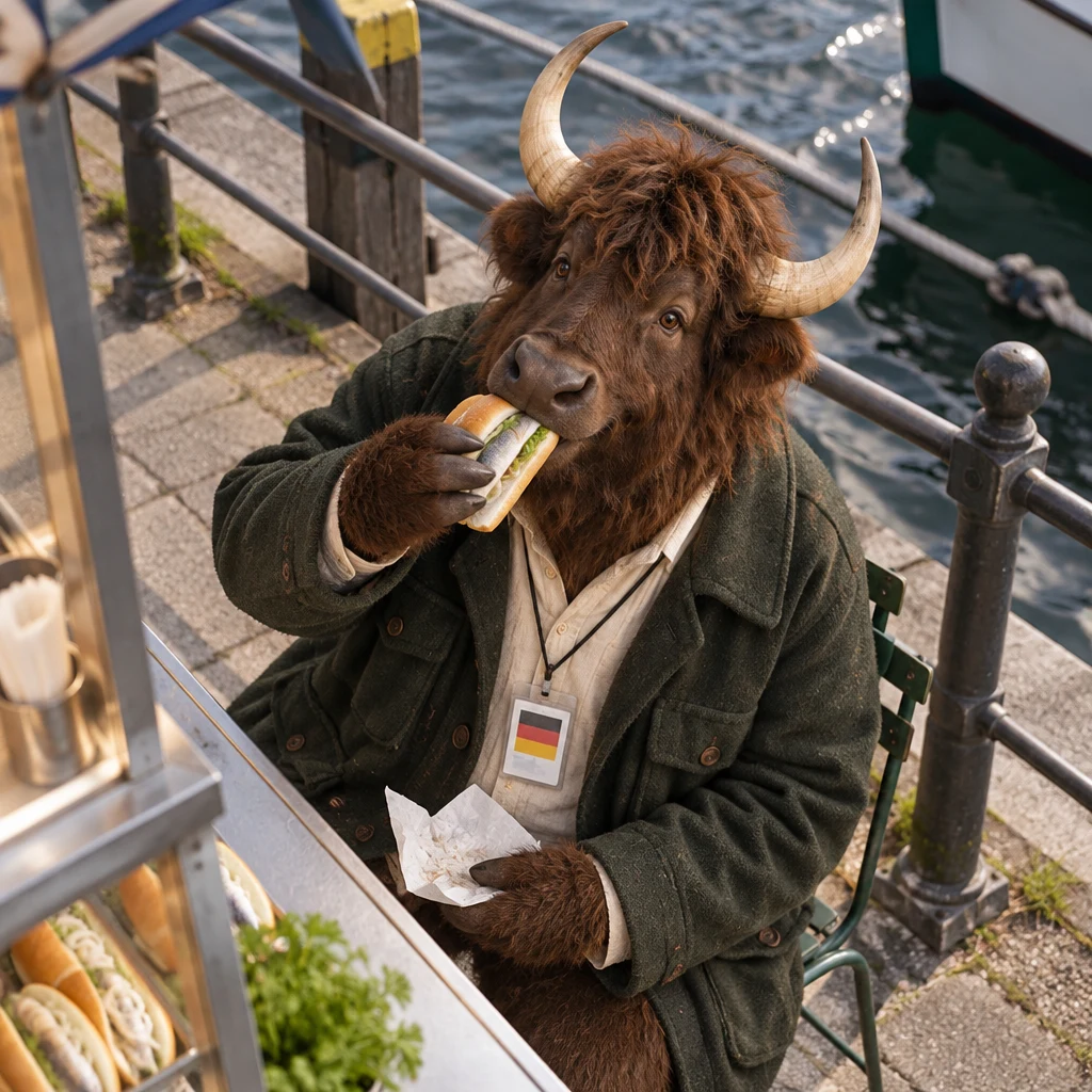 Anton takes a first bite of his fish roll while seated beside the railing.