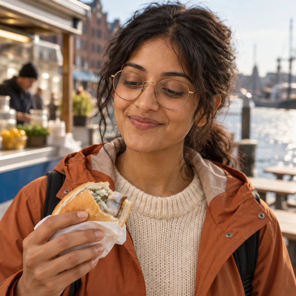 Priya holds her half-eaten fish roll and looks down at it with pleased surprise.