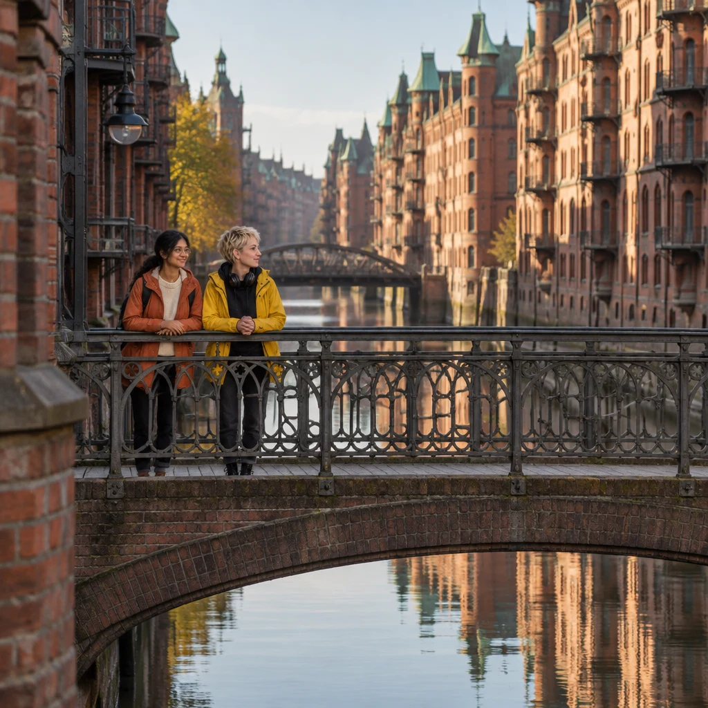Priya and Jule pause together on the bridge above the still canal.