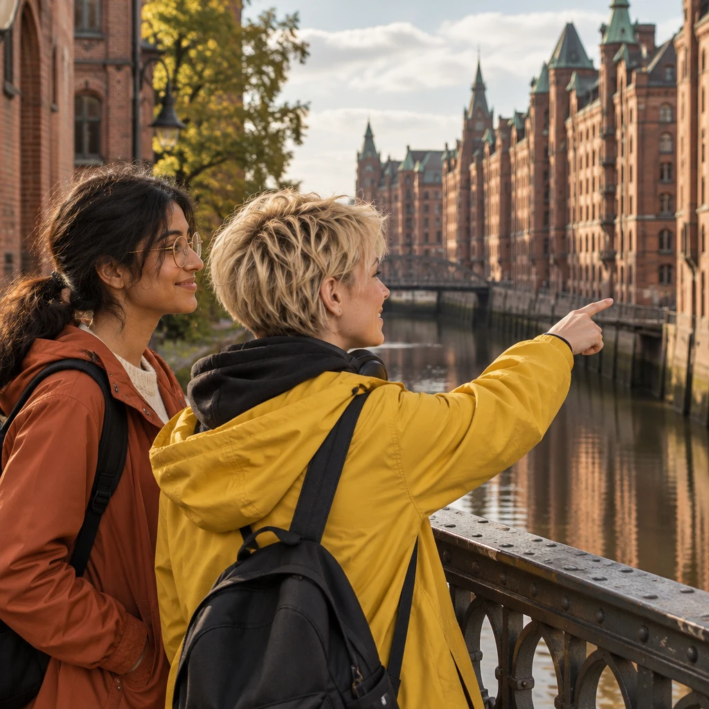 Jule points across the canal toward the old warehouse row as Priya looks where she points.