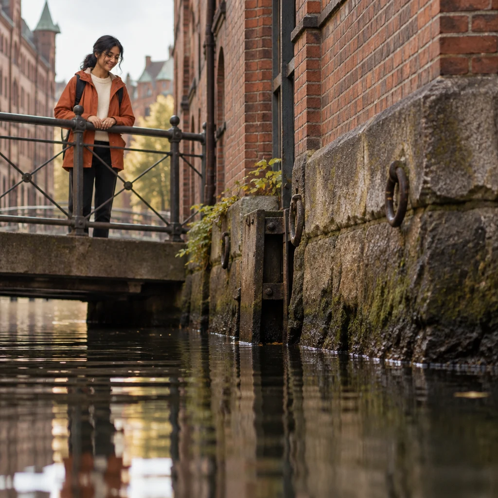 The warehouse walls meet the canal right beside Priya.