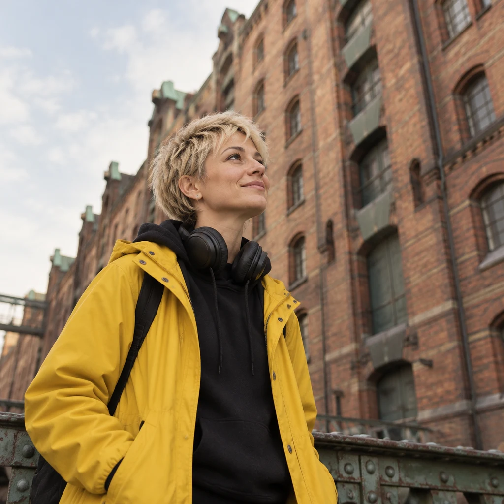 Jule looks up at the warehouse windows and loading features as she considers what the buildings once held.