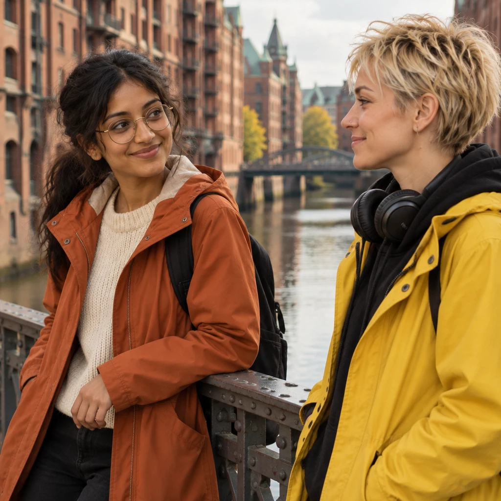 Priya turns toward Jule as they compare the quiet waterway with Berlin.