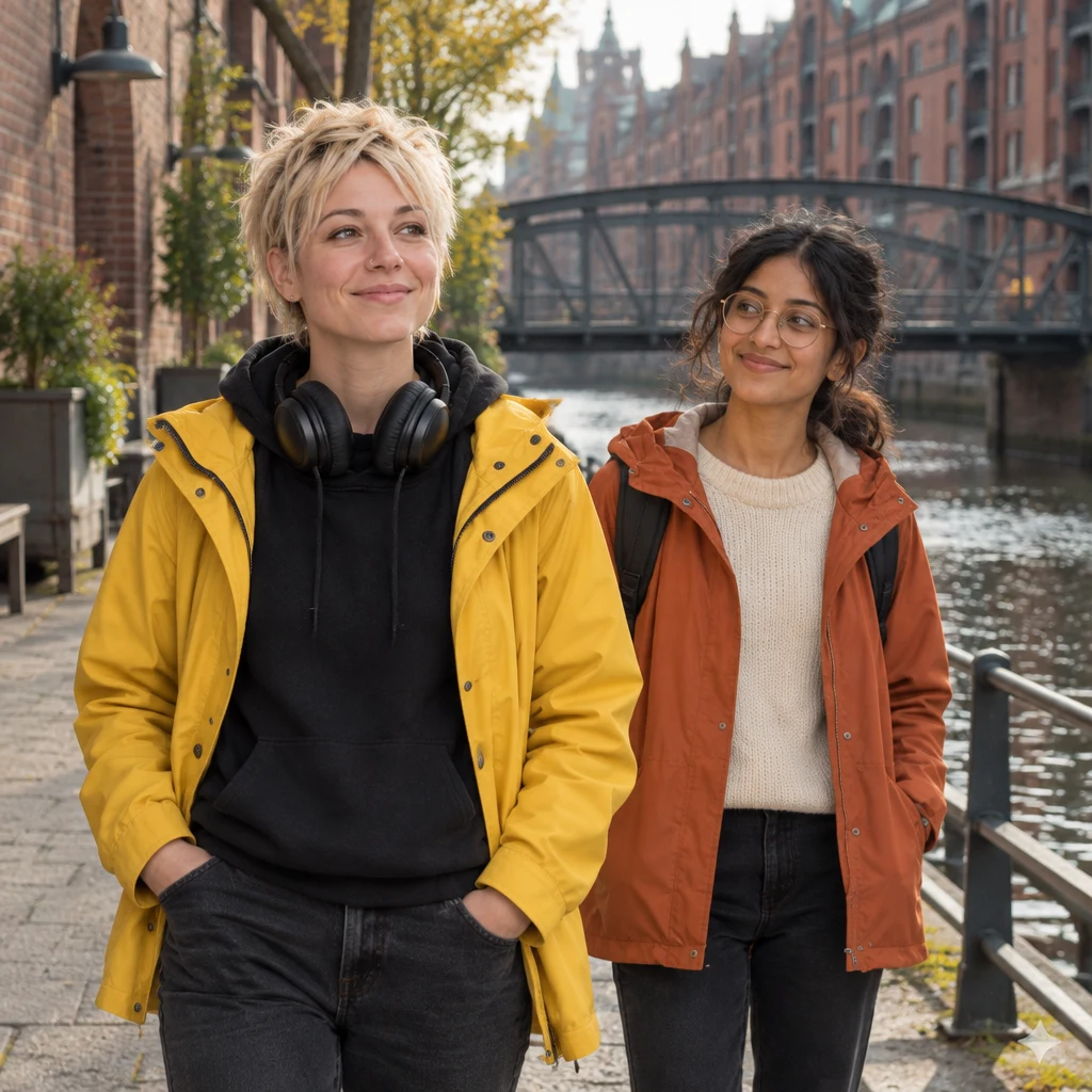 Jule steps off the bridge onto the warehouse path and invites Priya to continue at an easy pace.