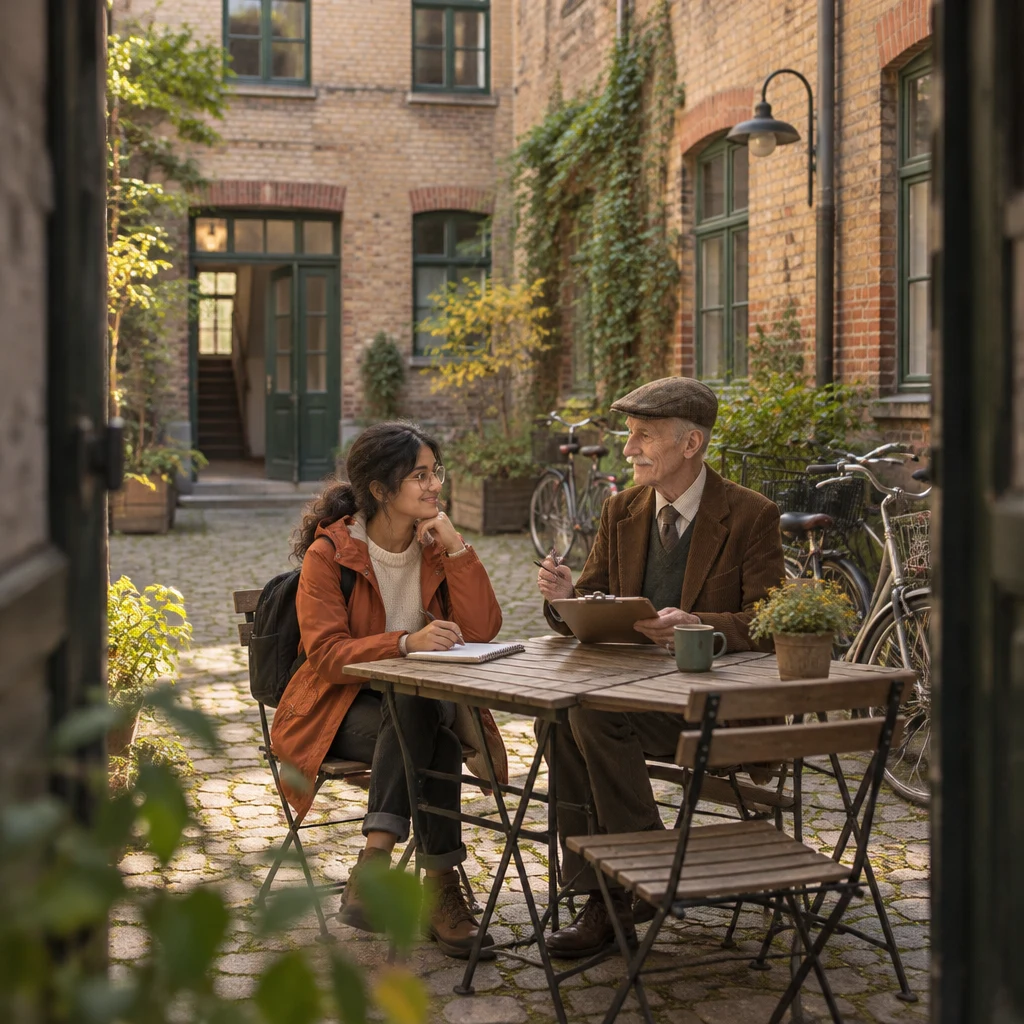 Priya and Herr Schulze sit at the wooden courtyard table beside the parked bikes, with the unsigned lease on his clipboard.