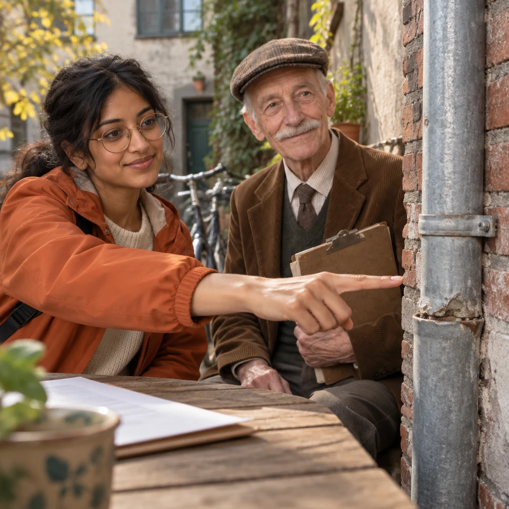 Priya points toward the courtyard downpipe as Herr Schulze listens from the table.