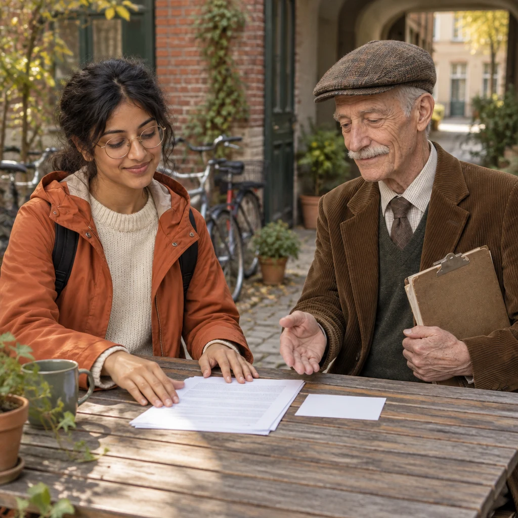 Priya arranges the lease and a plain card on the table while Herr Schulze indicates the papers she needs.