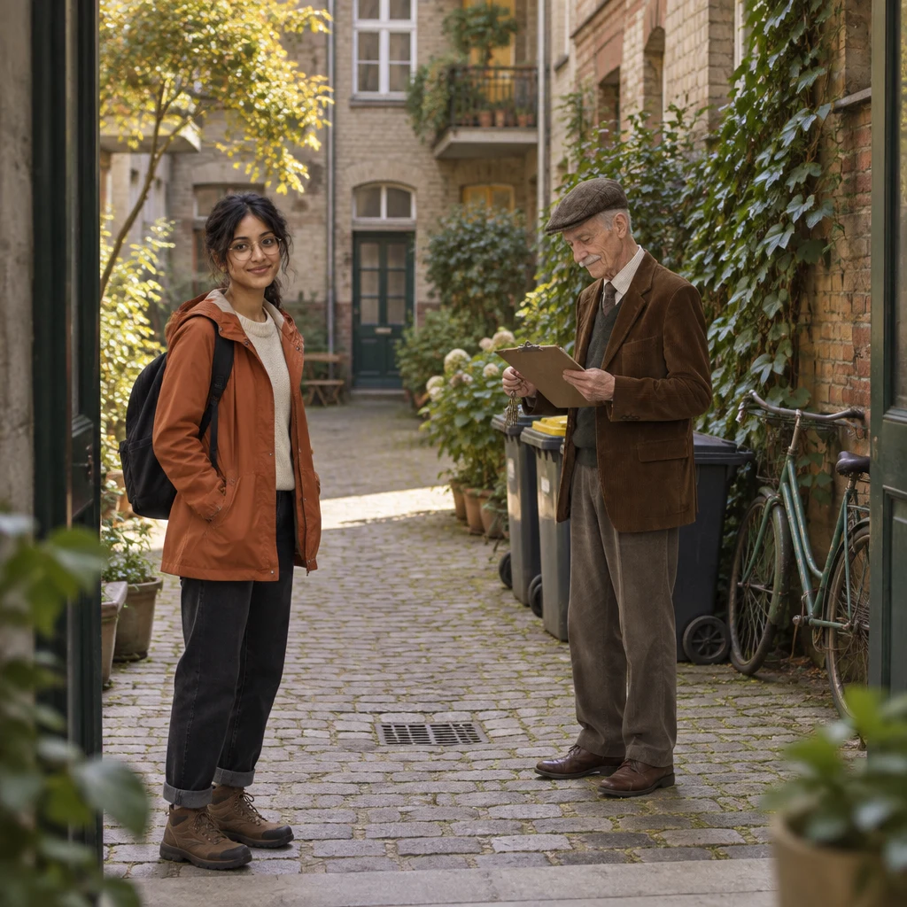 A quiet courtyard with Herr Schulze checking his clipboard as Priya arrives.