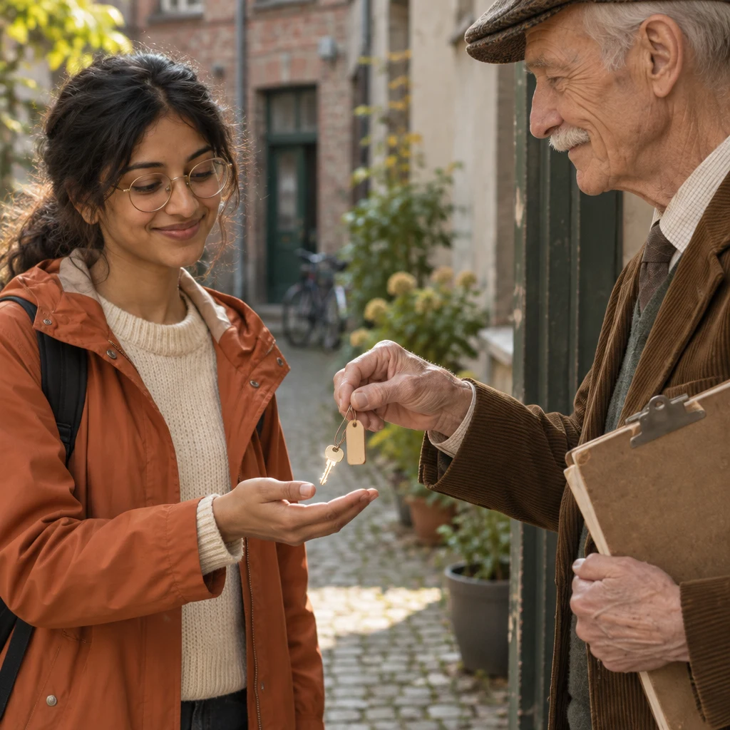 Herr Schulze holds out the building key for Priya to take.