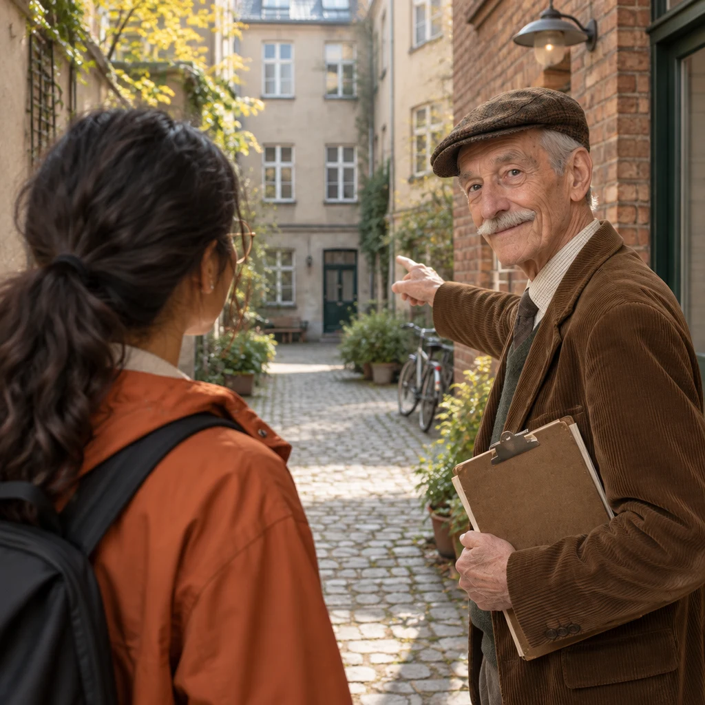 Herr Schulze points across the courtyard toward the back building.
