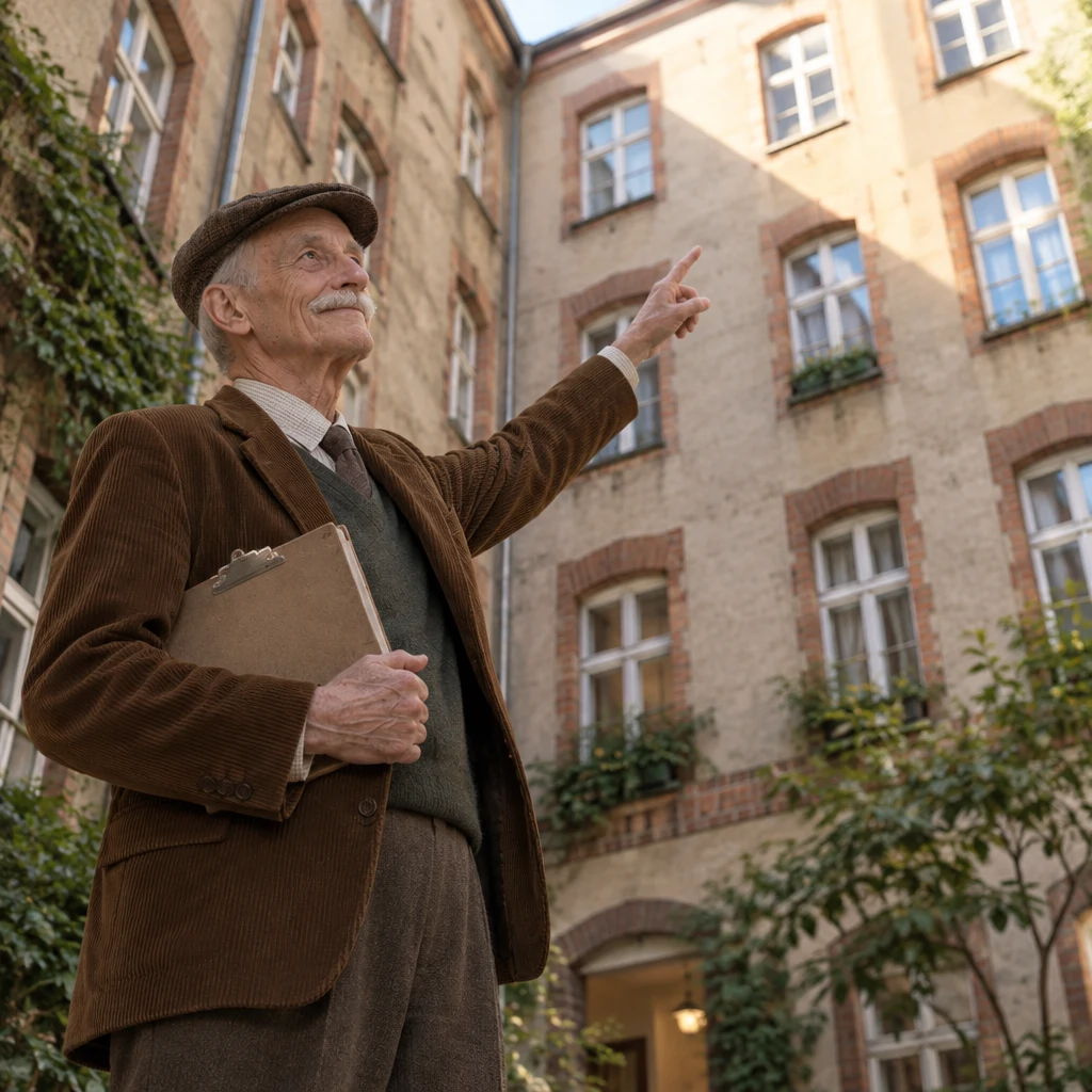 Herr Schulze points up toward the upper floor of the back building.