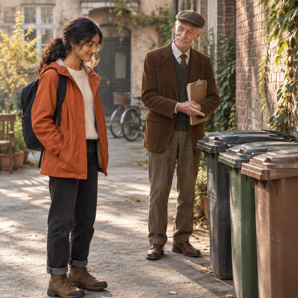 Priya looks toward the bins as Herr Schulze nods in their direction.