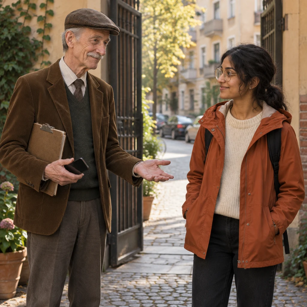 Near the courtyard gate, Herr Schulze gestures toward Priya while holding his phone.